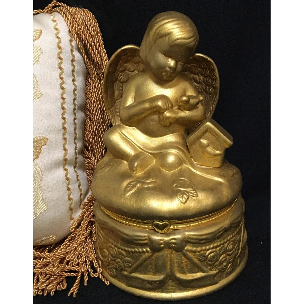 Vintage Gold Porcelain Cherub Hinged Trinket Box Large 7 Inches